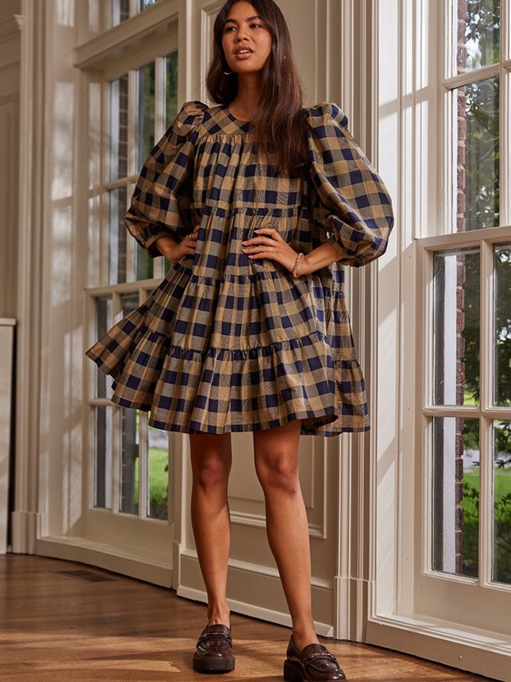 NWOT Summersalt Tiered Mini Dress Buffalo Check in Midnight & Toffee Women’s Med - Picture 2 of 9